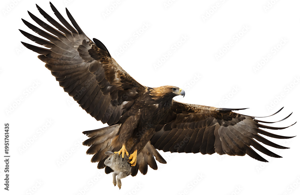 Obraz premium Golden eagle in flight carrying a small rabbit in its talons against a clean white background showing wings spread wide
