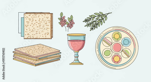 Illustration of Seder plate, matzah, wine, and herbs for Passover celebration.