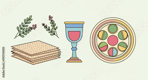 A collection of symbolic items used in the Jewish Passover Seder, including matzah, wine, and a Seder plate.