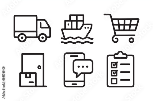 A collection of black line icons representing logistics delivery and shopping concepts high quality