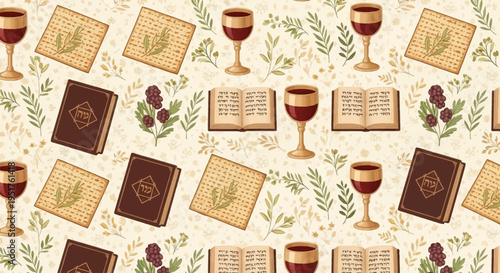 A seamless pattern featuring matzah, wine glasses, and religious books, interspersed with floral and botanical elements.