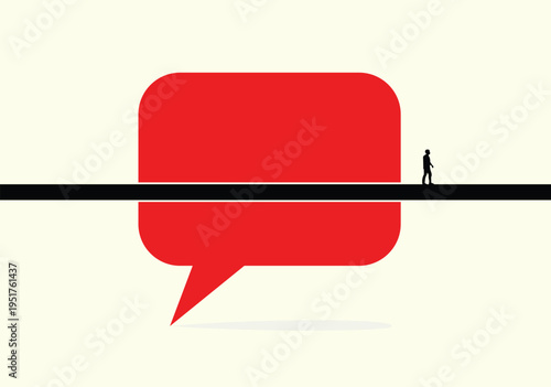 A person stands on a line next to a large red speech bubble on pale background