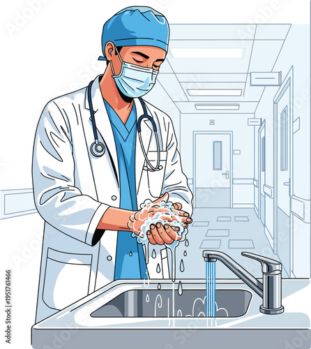 Doctor washing hands thoroughly in hospital sink.
