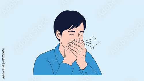Young man in a blue shirt covers his mouth with both hands while coughing or feeling unwell on a light blue background.