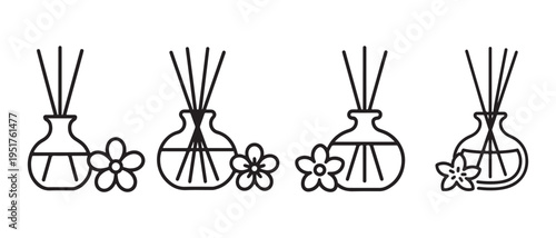A set of four black line drawings of reed diffusers with flowers.