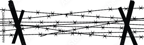 Barbed wire barrier with crossed posts silhouette, military security fence concept, black vector border protection illustration isolated on white background