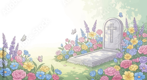 A serene graveyard scene with a tombstone adorned with a cross, surrounded by vibrant flowers and fluttering butterflies.