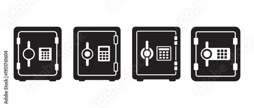 Four black and white safe icons with different lock and dial combinations.