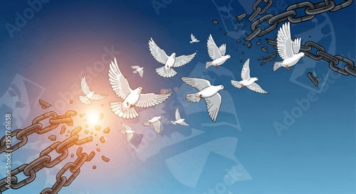 A flock of white doves breaking free from a shattered chain against a bright sky.