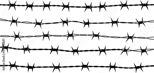 Barbed wire borders collection isolated on white background representing security fence lines, prison barrier elements and danger warning design illustration