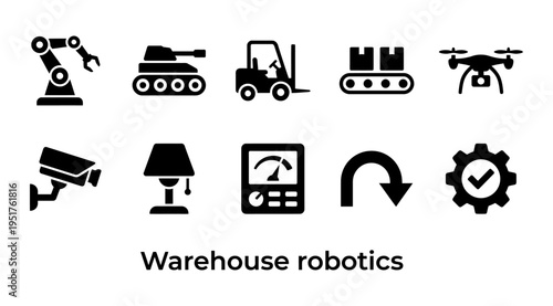 Collection of black icons representing warehouse robotics and automation, including industrial robots, drones, and machinery, used for business and technology concepts.