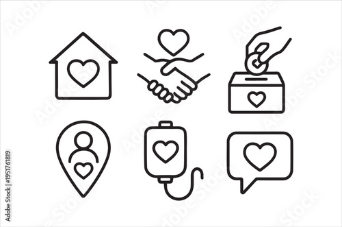 Charity and donation concept with line icons representing home love support and giving