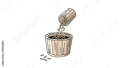 Rice grains are being poured from a small wooden cup into a larger traditional wooden bucket or container in this illustration.