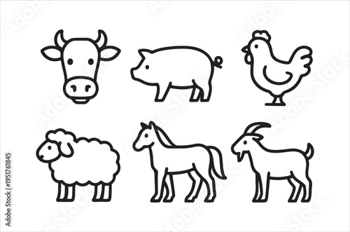 Simple black and white line drawing depicting a cow pig chicken sheep horse and goat