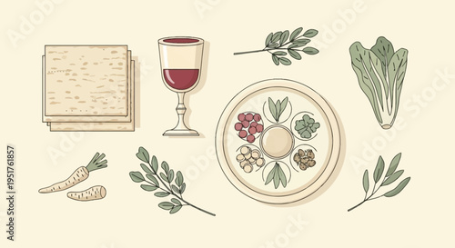 Illustration of Seder plate with symbolic foods, matzah, wine, and herbs for Passover Seder.