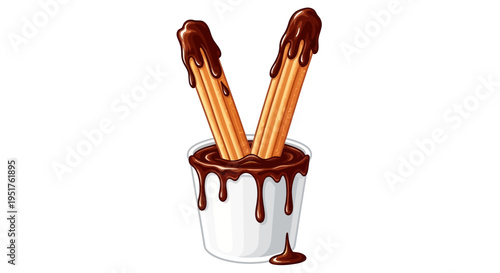 Illustration of churros dipped in chocolate sauce in a white cup on a plain background