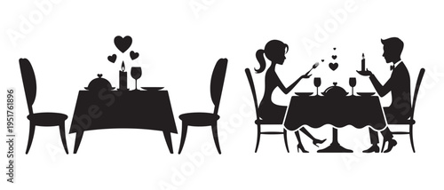 Black silhouette of two restaurant scenes with tables and chairs.
