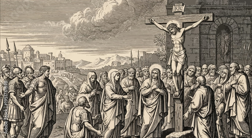 A detailed engraving depicting the crucifixion of Jesus Christ with a crowd of onlookers gathered below.