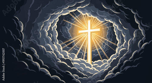 A radiant golden cross shines brightly through a dramatic opening in dark, swirling clouds.