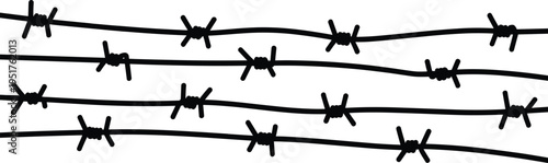 Barbed wire fence lines silhouette isolated on white background representing prison security barrier, danger warning border design illustration