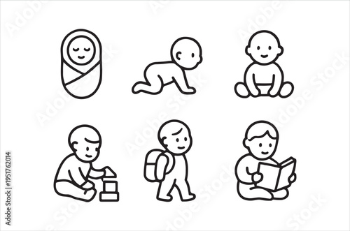 Illustrative set of line icons depicting a child s development through different stages of life