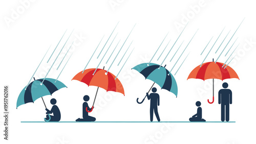 Four stylized human figures are shown in various positions using umbrellas for protection from the falling blue rain.