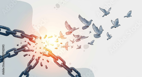 A broken chain transforms into a flock of birds flying freely into the sky, symbolizing freedom and liberation.