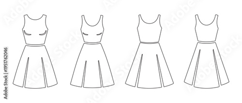 Four different views of a sleeveless a line dress design.
