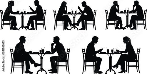 Couple dining silhouettes set, people eating at restaurant table, romantic dinner conversation scenes, social interaction illustration isolated on white background