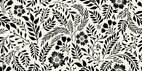 Intricate black and white floral pattern with leaves and botanical elements