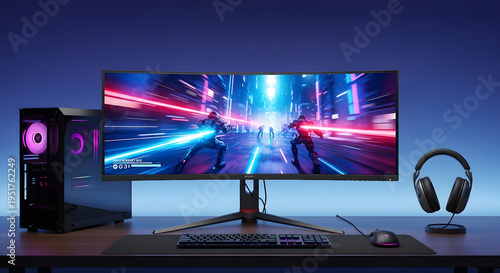 A gaming setup with a large monitor displaying a video game, accompanied by a computer, keyboard, mouse, and headphones on a desk.