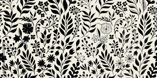 Delicate black and white floral pattern with various botanical elements