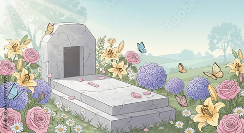 A serene cemetery scene with a tombstone adorned with flowers and butterflies, evoking a sense of peace and remembrance.