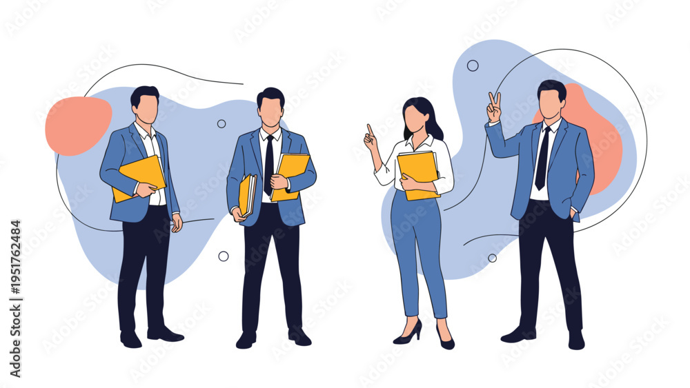 Obraz premium Group of four business professionals in formal suits hold folders and communicate against an abstract colorful background.