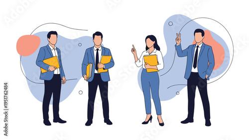 Group of four business professionals in formal suits hold folders and communicate against an abstract colorful background.