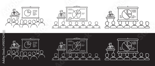 A collection of eight grayscale illustrations depicting various presentation settings with speakers and audiences in different conference and meeting environments.