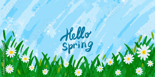 A cheerful spring greeting with wildflowers and a blue painted sky