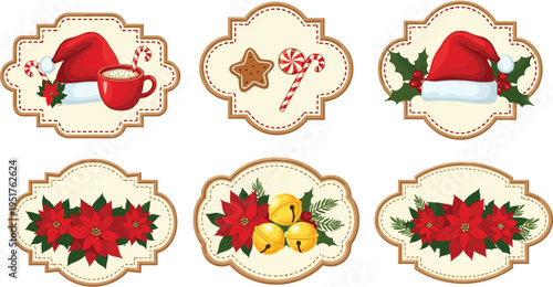 Christmas holiday decorative labels with Santa hats, poinsettia flowers, jingle bells, candy canes, holly leaves, festive mugs, gingerbread cookies, ornaments
