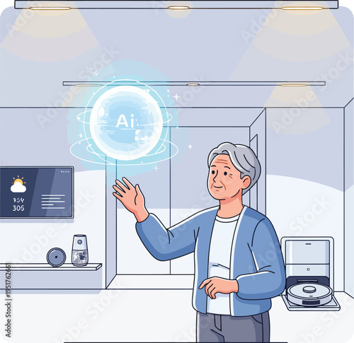 Elderly person interacting with futuristic AI interface.
