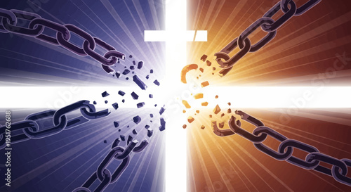 Breaking Chains of Darkness and Light with a Glowing Cross Symbol.