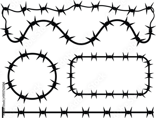 Barbed wire frames and borders collection isolated on white background including circle, rectangle, line and wave shapes representing security barrier design elements