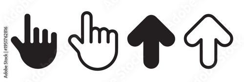Rounded hand cursor and up arrow symbols for digital interfaces and mobile application navigation buttons