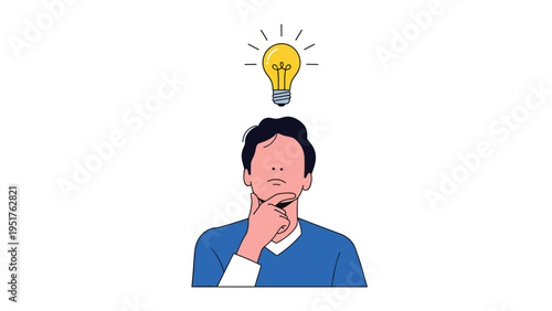Man in a blue shirt rests his chin on his hand while a bright yellow lightbulb shines above his head symbolizing a new idea.