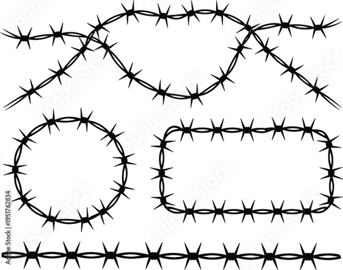 Barbed wire frames and borders set isolated on white background including circle, rectangle and line shapes representing security barrier design elements