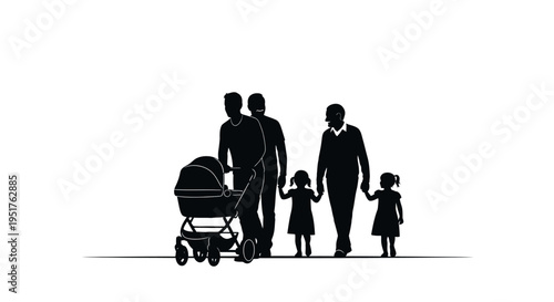 Silhouette of a diverse family with stroller.