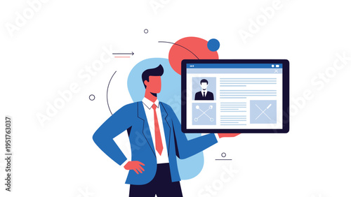 Professional businessman presents digital profile or resume on tablet device representing modern recruitment and career growth.