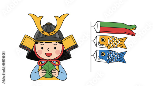 Young boy wearing traditional samurai helmet celebrates children day in Japan with carp streamers and rice cake treats.