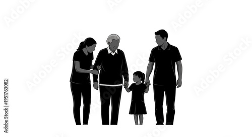 A family of four walking together.