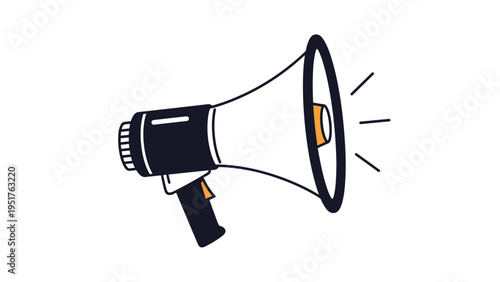 Simple black and white megaphone illustration with orange accents symbolizes communication marketing and public announcements.