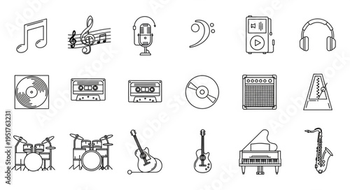 Collection of musical instruments and equipment in a sketched style, perfect for music-related projects.